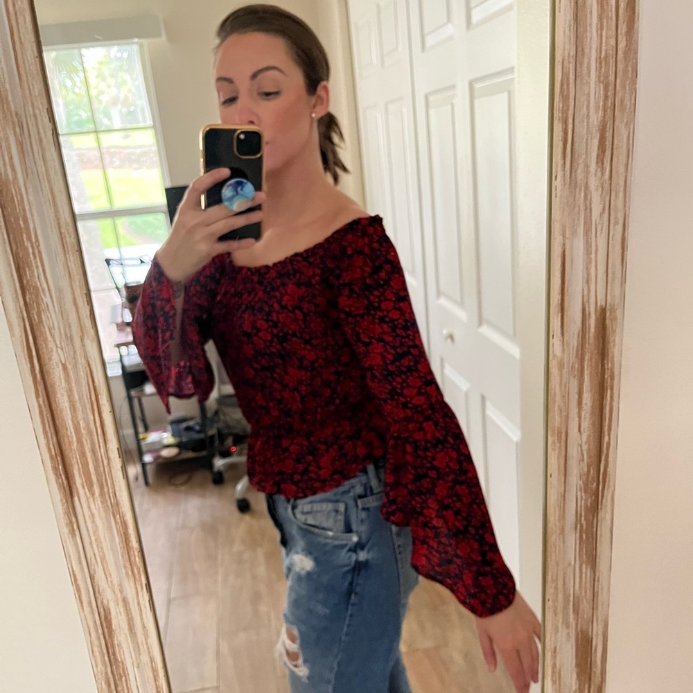 Express off the shoulder red floral top with sleeves size small